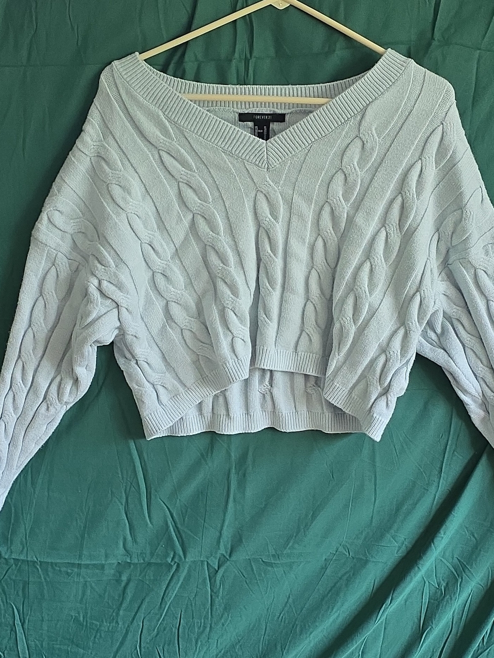 Forever 21 Pale Blue Cable Knit V-Neck Cropped Sweater
